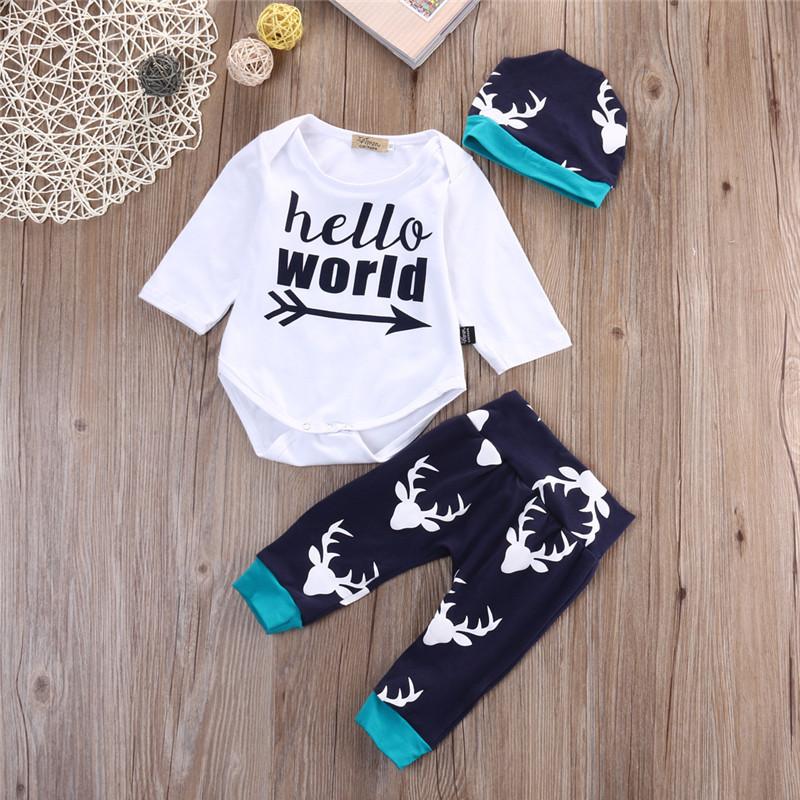 'Hello World' 3pc Deer Leggings, Romper & Hat Set
