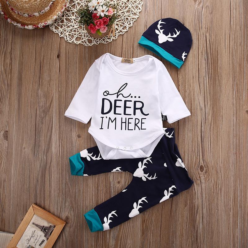 'Hello World' 3pc Deer Leggings, Romper & Hat Set