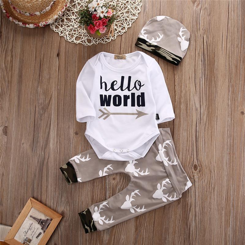 'Hello World' 3pc Deer Leggings, Romper & Hat Set