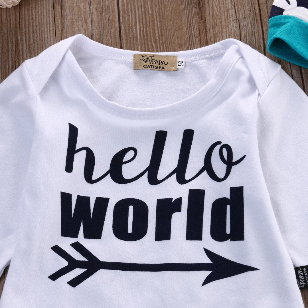 'Hello World' 3pc Deer Leggings, Romper & Hat Set