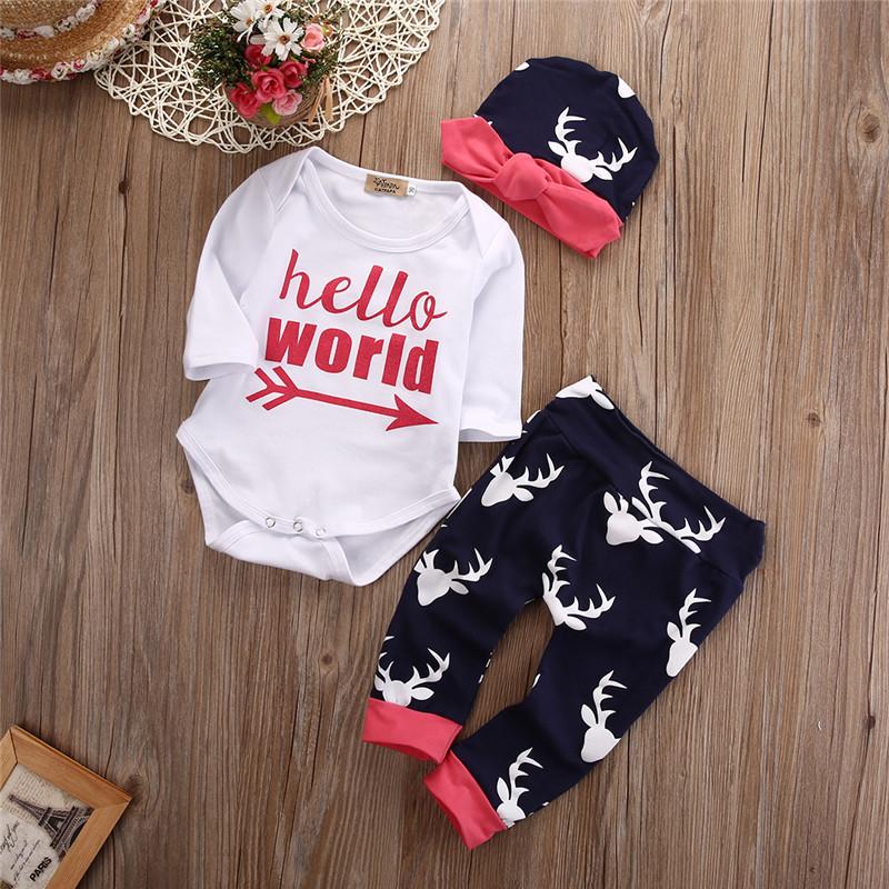'Hello World' 3pc Deer Leggings, Romper & Hat Set